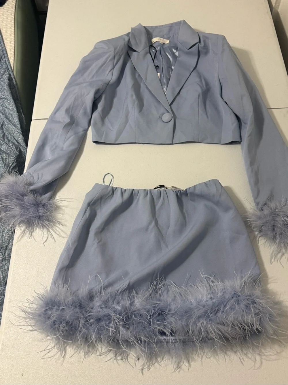 NWT 2PC Blue Gray Feather Trim Blazer Skirt Set Y2K Party Size M